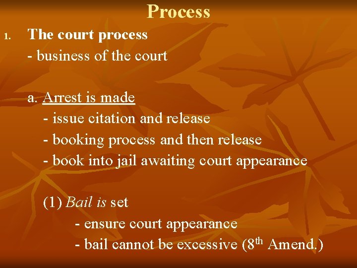 Process 1. The court process - business of the court a. Arrest is made