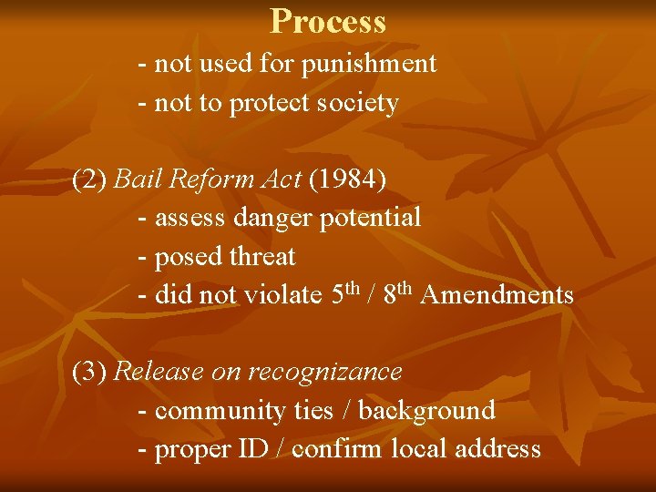 Process - not used for punishment - not to protect society (2) Bail Reform