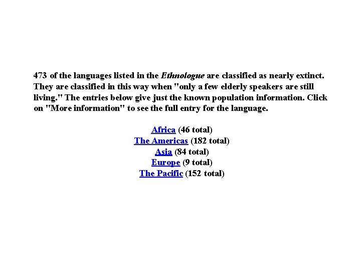 473 of the languages listed in the Ethnologue are classified as nearly extinct. They 473 of the languages listed in the Ethnologue are classified as nearly extinct. They