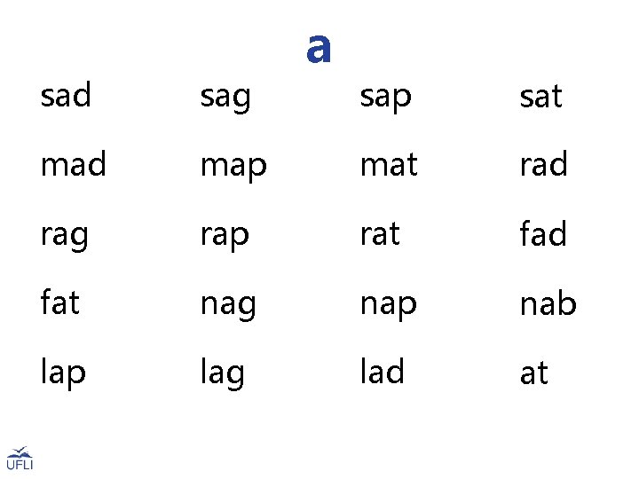 sad sag mad a sap sat map mat rad rag rap rat fad fat