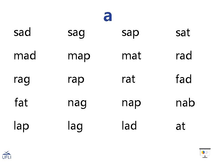 sad sag mad a sap sat map mat rad rag rap rat fad fat