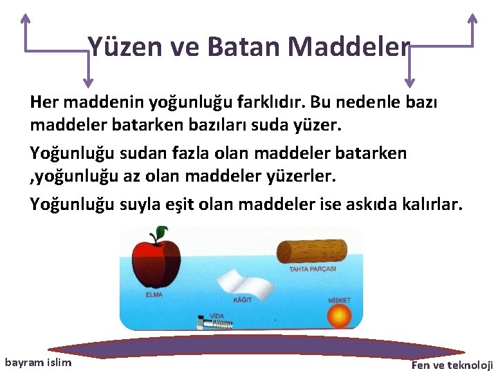 Yüzen ve Batan Maddeler Her maddenin yoğunluğu farklıdır. Bu nedenle bazı maddeler batarken bazıları