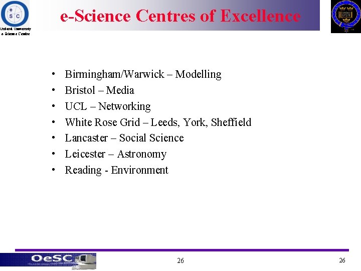 e-Science Centres of Excellence Oxford University e-Science Centre • • Birmingham/Warwick – Modelling Bristol