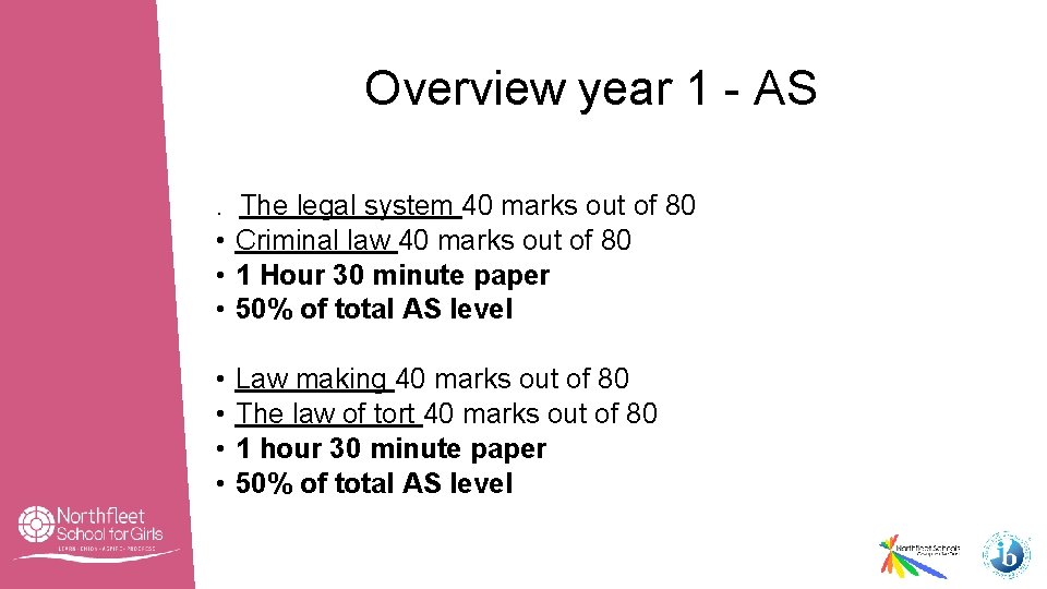 Overview year 1 - AS. • • • The legal system 40 marks out
