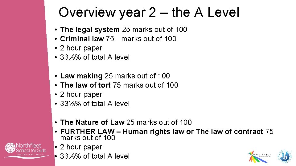 Overview year 2 – the A Level • • The legal system 25 marks