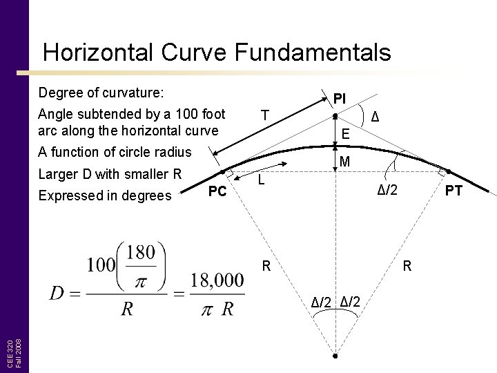 Horizontal Curve Fundamentals Degree of curvature: Angle subtended by a 100 foot arc along