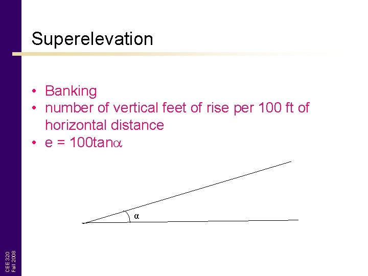 Superelevation • Banking • number of vertical feet of rise per 100 ft of