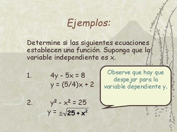 Ejemplos: Determine si las siguientes ecuaciones establecen una función. Suponga que la variable independiente