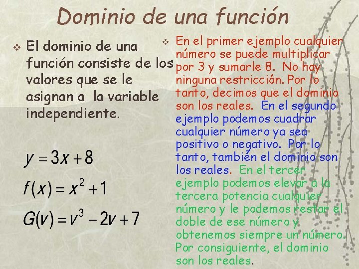 Dominio de una función v v En el primer ejemplo cualquier El dominio de