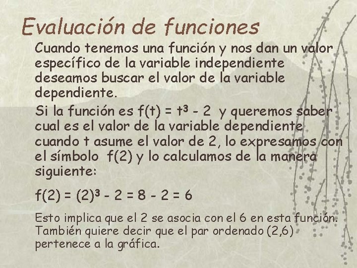 Evaluación de funciones Cuando tenemos una función y nos dan un valor específico de