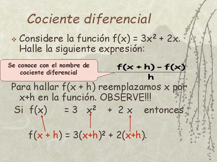 Cociente diferencial v Considere la función f(x) = 3 x 2 + 2 x.