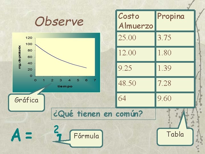 Observe Gráfica Costo Propina Almuerzo 25. 00 3. 75 12. 00 1. 80 9.