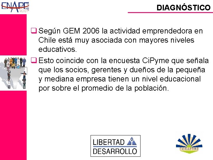 DIAGNÓSTICO q Según GEM 2006 la actividad emprendedora en Chile está muy asociada con