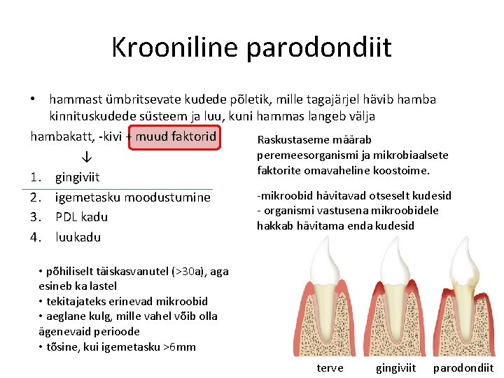 Krooniline parodondiit • hammast ümbritsevate kudede põletik, mille tagajärjel hävib hamba kinnituskudede süsteem ja