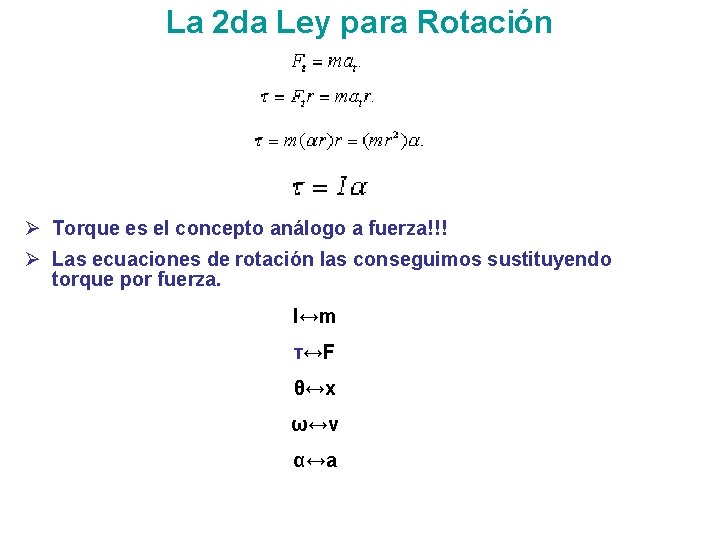 La 2 da Ley para Rotación Ø Torque es el concepto análogo a fuerza!!!