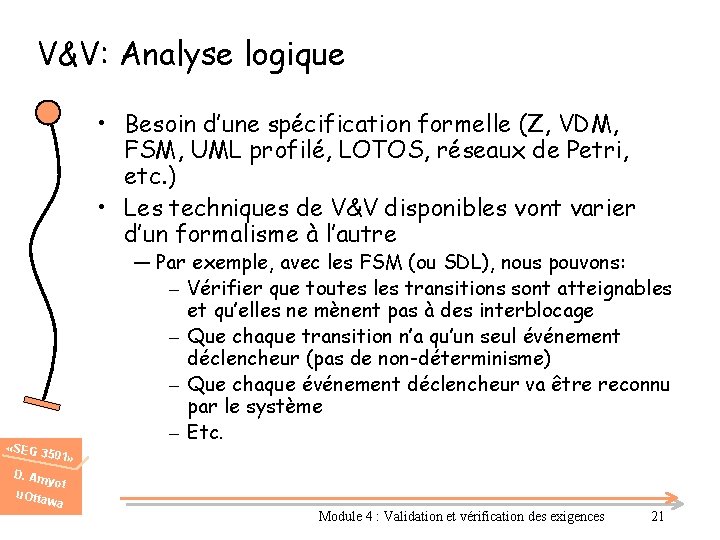 V&V: Analyse logique • Besoin d’une spécification formelle (Z, VDM, FSM, UML profilé, LOTOS,