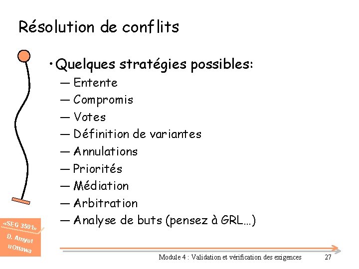 Résolution de conflits • Quelques stratégies possibles: «SEG 3 501» ― Entente ― Compromis