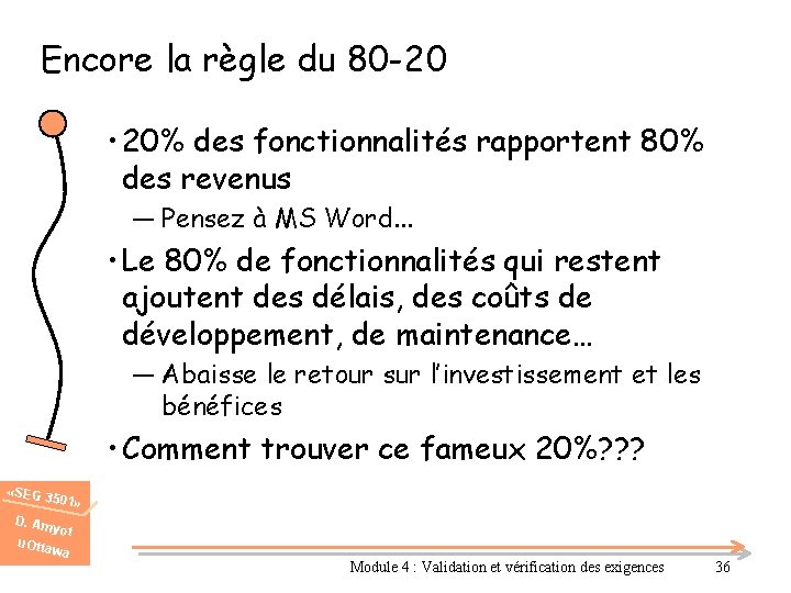 Encore la règle du 80 -20 • 20% des fonctionnalités rapportent 80% des revenus