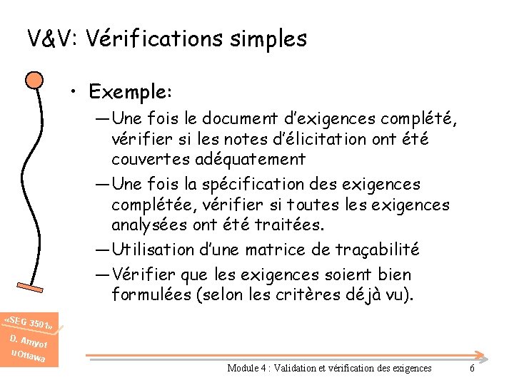 V&V: Vérifications simples • Exemple: ― Une fois le document d’exigences complété, vérifier si