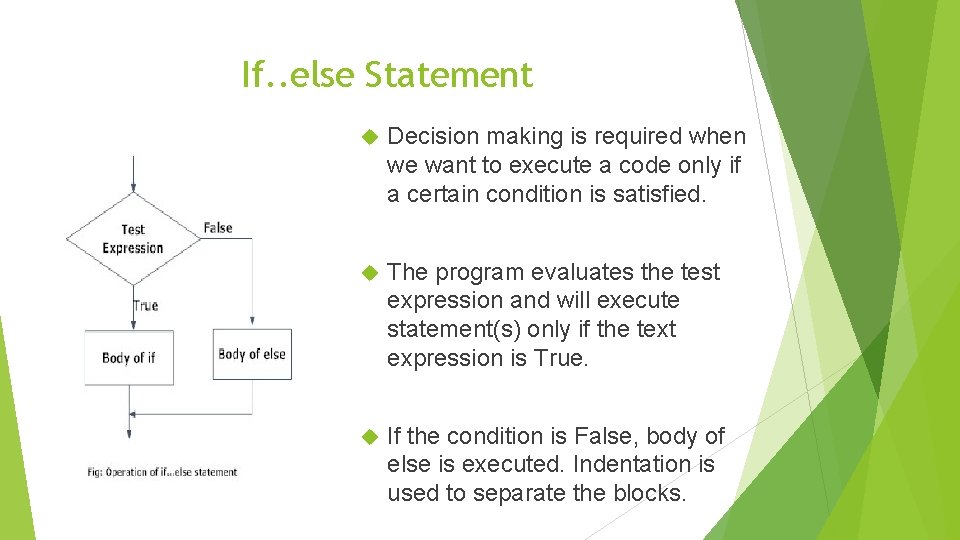 If. . else Statement Decision making is required when we want to execute a
