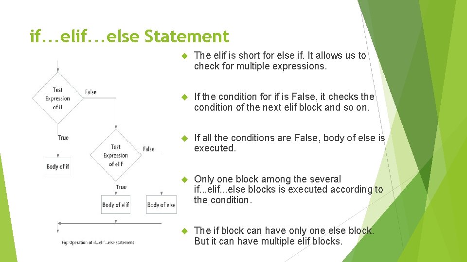 if. . . else Statement The elif is short for else if. It allows
