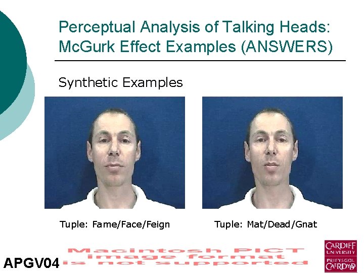 Perceptual Analysis of Talking Heads: Mc. Gurk Effect Examples (ANSWERS) Synthetic Examples Tuple: Fame/Face/Feign