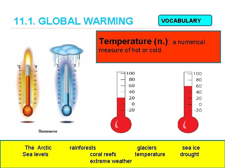 11. 1. GLOBAL WARMING VOCABULARY Temperature (n. ): a numerical measure of hot or