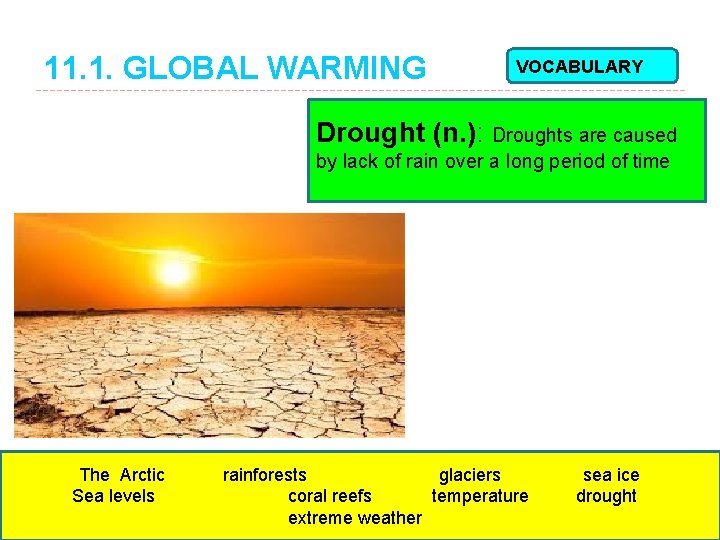 11. 1. GLOBAL WARMING VOCABULARY Drought (n. ): Droughts are caused by lack of