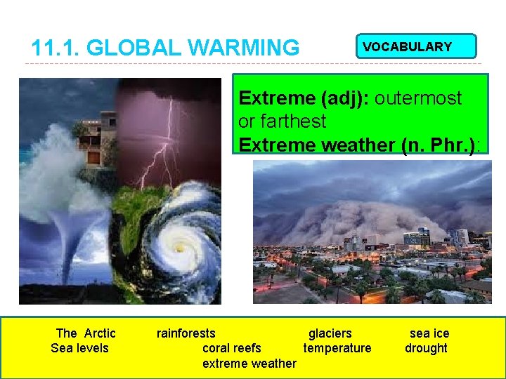 11. 1. GLOBAL WARMING VOCABULARY Extreme (adj): outermost or farthest Extreme weather (n. Phr.