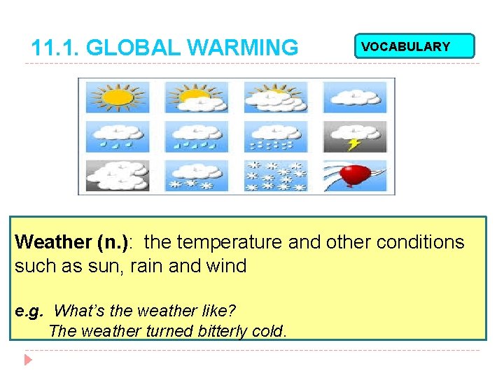 11. 1. GLOBAL WARMING VOCABULARY Weather (n. ): the temperature and other conditions such