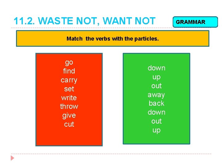 11. 2. WASTE NOT, WANT NOT Match the verbs with the particles. go find