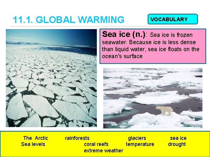 11. 1. GLOBAL WARMING VOCABULARY Sea ice (n. ): Sea ice is frozen seawater.