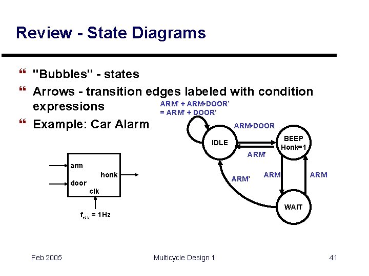 Review - State Diagrams } "Bubbles" - states } Arrows - transition edges labeled