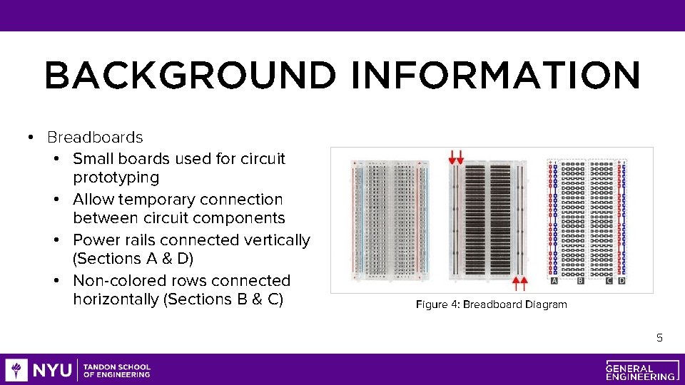 BACKGROUND INFORMATION • Breadboards • Small boards used for circuit prototyping • Allow temporary