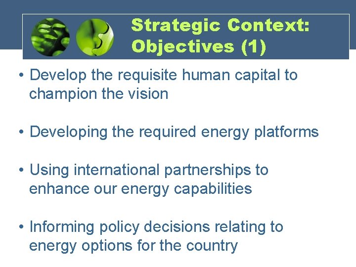 Strategic Context: Objectives (1) • Develop the requisite human capital to champion the vision