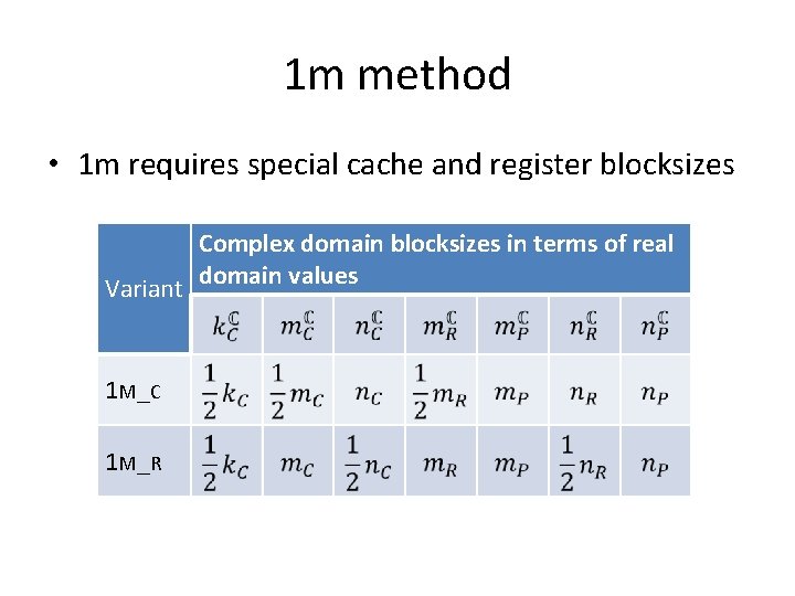1 m method • 1 m requires special cache and register blocksizes Variant 1