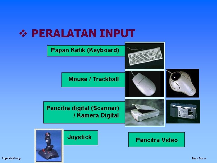 v PERALATAN INPUT Papan Ketik (Keyboard) Mouse / Trackball Pencitra digital (Scanner) / Kamera