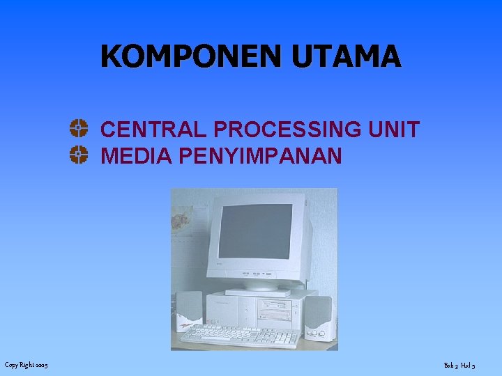 KOMPONEN UTAMA CENTRAL PROCESSING UNIT MEDIA PENYIMPANAN Copy Right 2005 Bab 3 Hal 5