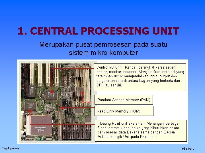 1. CENTRAL PROCESSING UNIT Merupakan pusat pemrosesan pada suatu sistem mikro komputer Copy Right