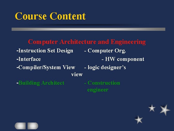 Course Content Computer Architecture and Engineering -Instruction Set Design - Computer Org. -Interface -