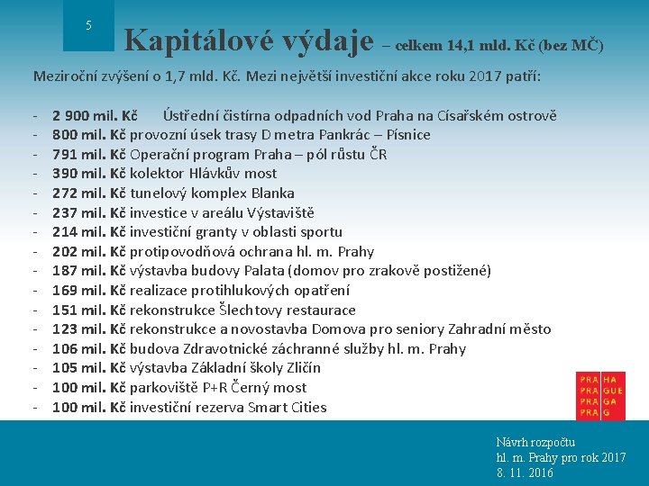 5 Kapitálové výdaje – celkem 14, 1 mld. Kč (bez MČ) Meziroční zvýšení o