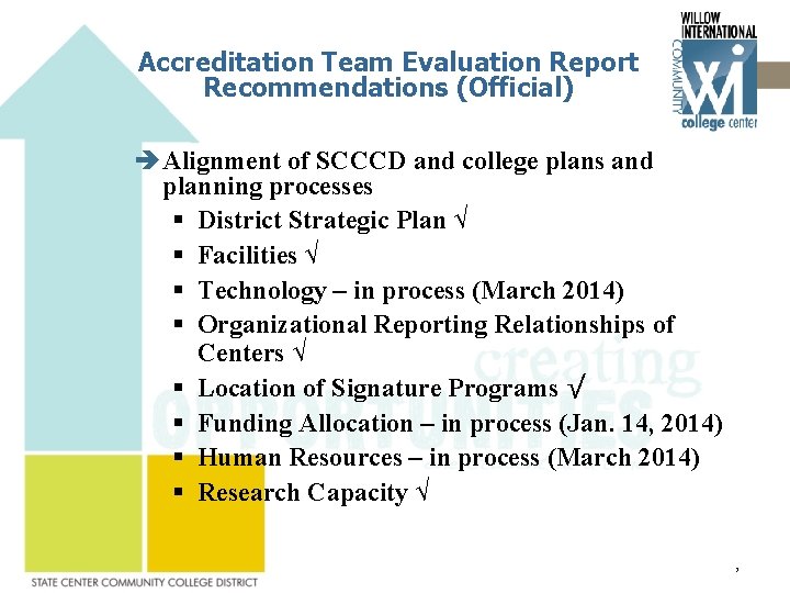 Accreditation Team Evaluation Report Recommendations (Official) Alignment of SCCCD and college plans and planning