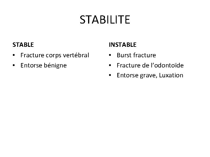 STABILITE STABLE INSTABLE • Fracture corps vertébral • Entorse bénigne • Burst fracture •