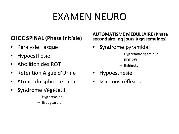 EXAMEN NEURO CHOC SPINAL (Phase initiale) • • • Paralysie flasque Hypoesthésie Abolition des