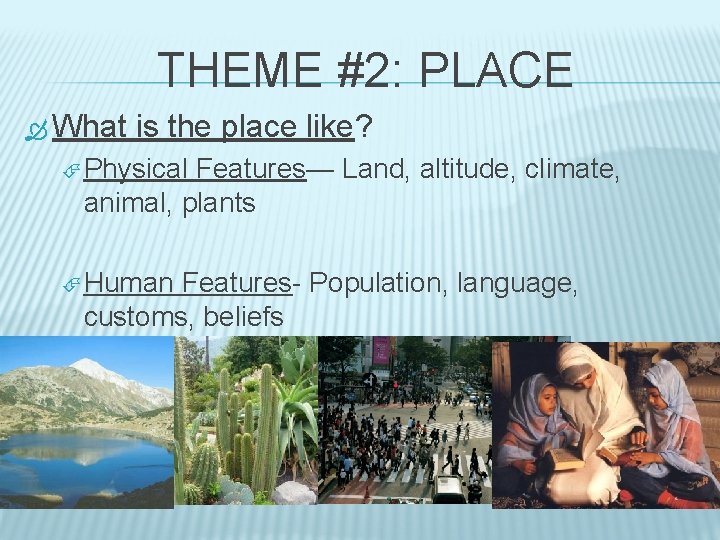 THEME #2: PLACE What is the place like? Physical Features— Land, altitude, climate, animal,