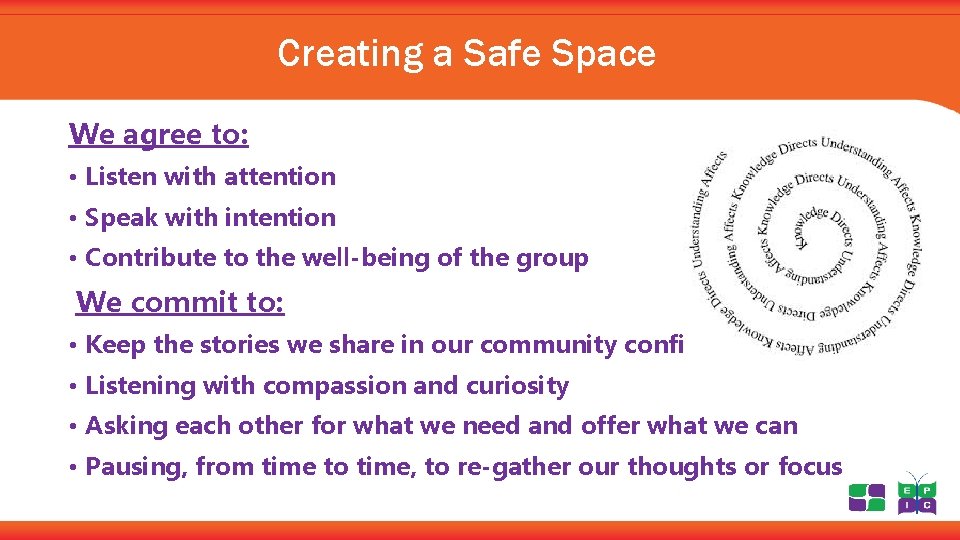 Creating a Safe Space We agree to: • Listen with attention • Speak with