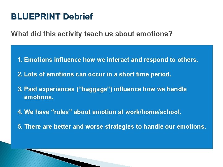 BLUEPRINT Debrief What did this activity teach us about emotions? 1. Emotions influence how