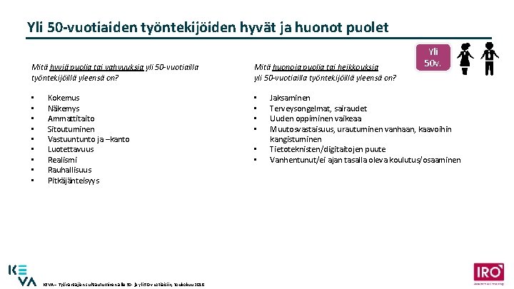 Yli 50 -vuotiaiden työntekijöiden hyvät ja huonot puolet Mitä hyviä puolia tai vahvuuksia yli