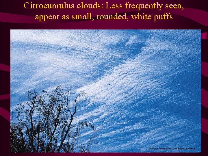 Cirrocumulus clouds: Less frequently seen, appear as small, rounded, white puffs 