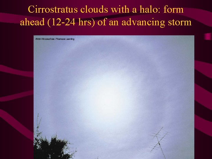 Cirrostratus clouds with a halo: form ahead (12 -24 hrs) of an advancing storm